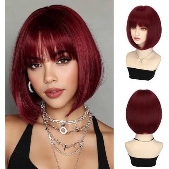 Bob Wig with Bangs Short Hair Wig Burgundy Red Bob Wigs for Women 12 Inches Synthetic Wig Straight Wigs Colorful Red Hair Replacement Wigs for Girls Hoilday Daily Party Use
