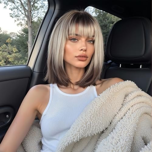 Bob Wig with Bangs Short Wigs for Women Ombre Brown to Blonde Synthetic Wig Straight Hair Replacement Wigs with Dark Roots for Holiday Daily Party Use 14 Inches