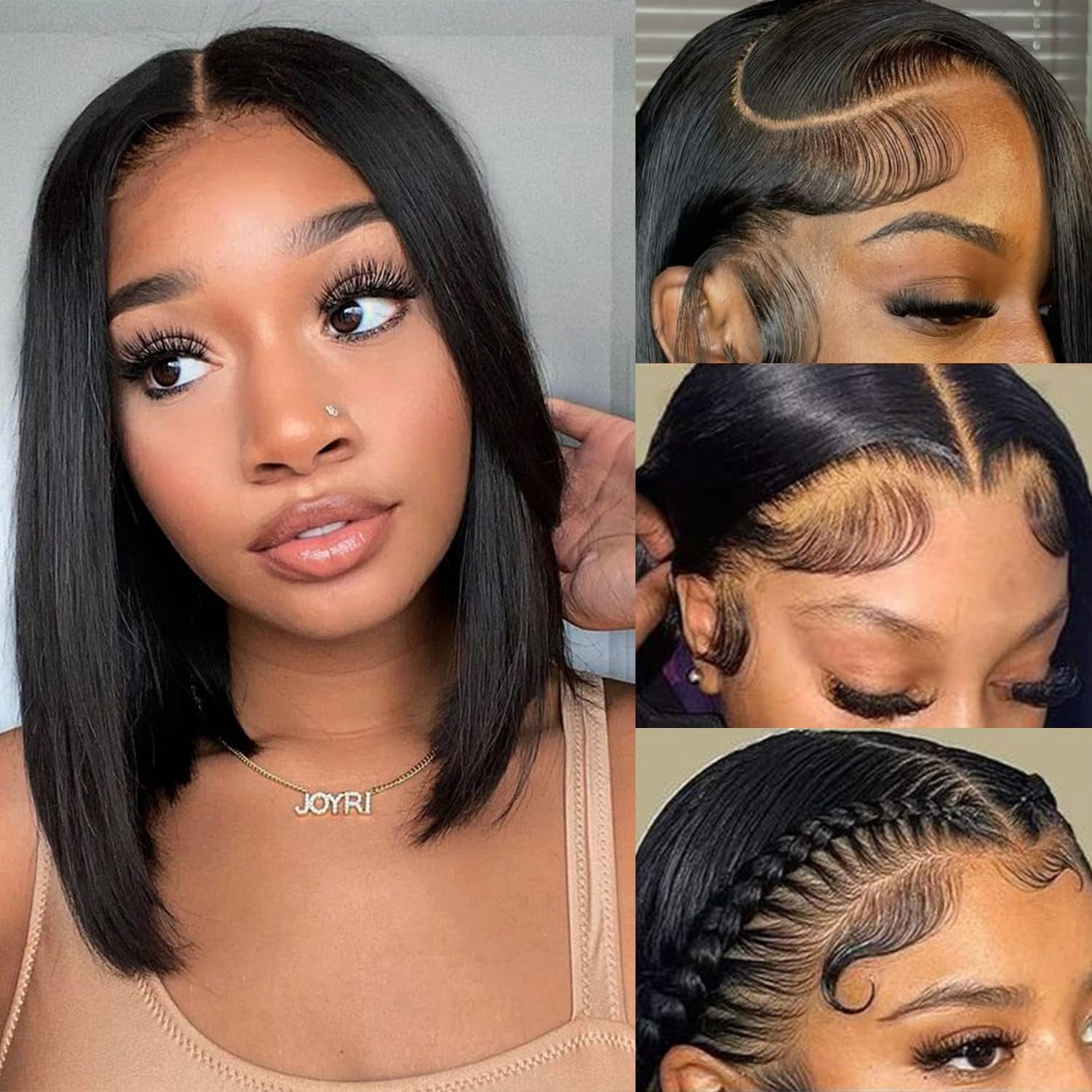 12 Inch Straight Bob Lace Front Wig Glueless Short Wigs Pre Plucked Side Part YIBUSI 12 Inch Human Hair Bob Wig 13x4 Frontal Lace, 180  main image 3