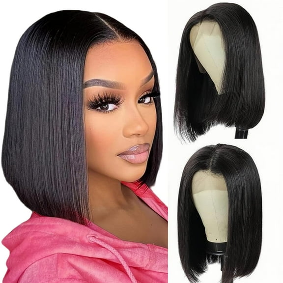 Bob Wig - Human Hair Frontal Bob Wig,13x4,180% Density,Pre-Plucked,Straight,Black