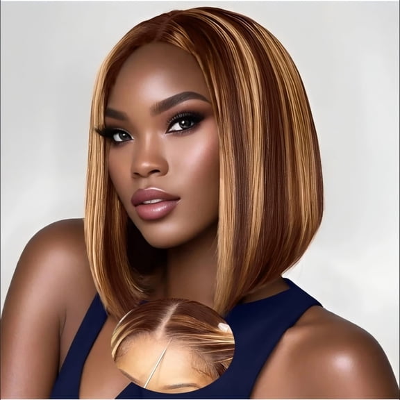Human Hair Highlight Ombre Glueless Short Bob 13X4 HD Lace Front Wig 4/27 Honey Blonde 8 Inch