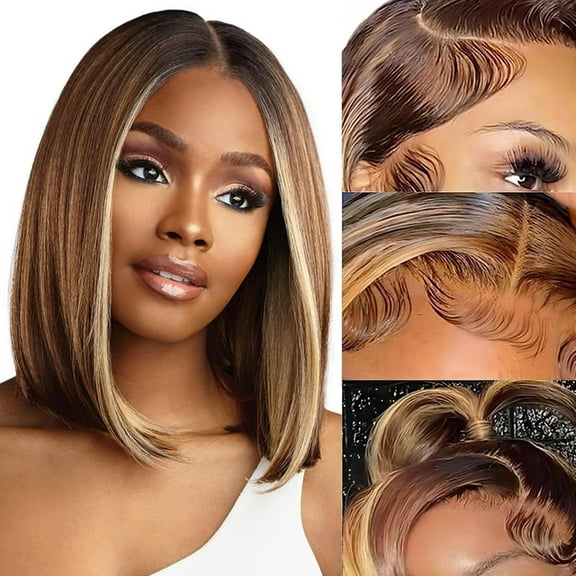 Human Hair Glueless 180 Density Short Bob 13x4 Lace Front Wig, Highlight Ombre 4/27 Honey Blonde 8inch
