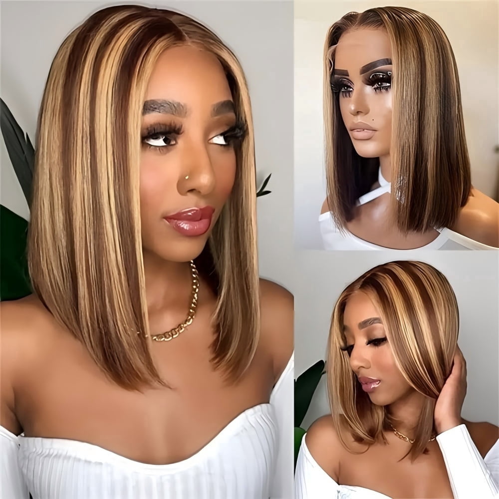 Highlight Ombre, 13x4 Lace Front, Glueless Short Bob Human Hair Wig, P4/27 Honey Blonde 8inch