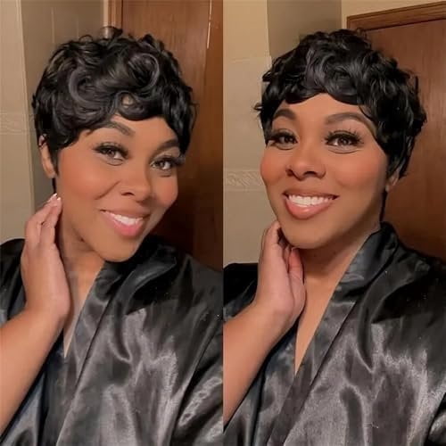 Bob Wig Human Hair Short Pixie Cut Wigs for Black Women - None Lace Front Glueless Pre-Plucked Short Curly Wigs with Bangs, Daily Use Black 1B Color