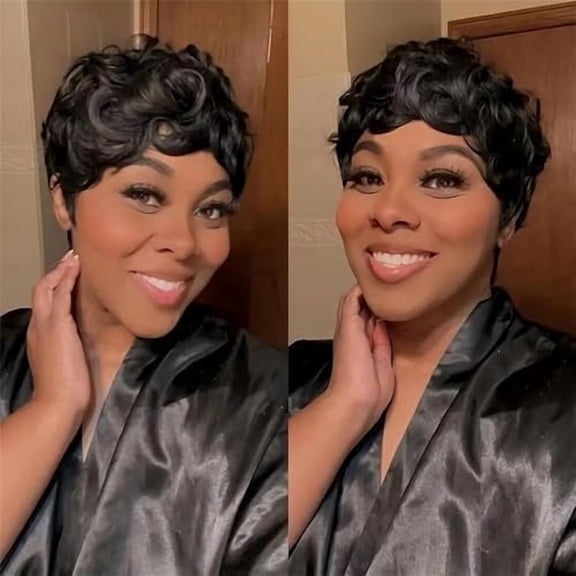 Bob Wig Human Hair Short Pixie Cut Wigs for Black Women - None Lace Front Glueless Pre-Plucked Short Curly Wigs with Bangs, Daily Use Black 1B Color