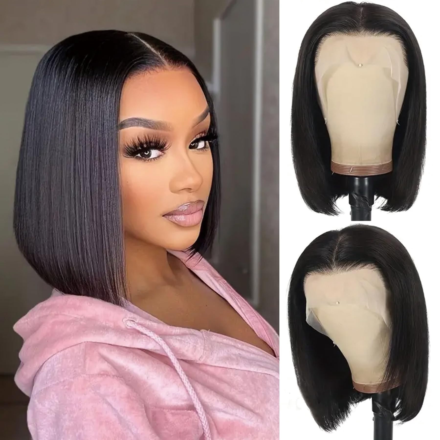Bob Wig Human Hair Wig Short 13x4 Lace Front Wigs Human Hair Pre Plucked 10 Inch Bob Wig Short Wigs for Black Women Bob Wigs Human Hair 180% Density With Baby Hair Natural Black Straight Glueless