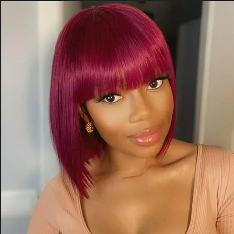 Bob Wig Human Hair Wigs With Bangs For Black Women Fuchsia Dark