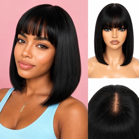 Bob Wig Human Hair With Bangs Glueless 2x4 HD Lace Colsure Wigs, Ready to Go Short Wigs For Women Beginner Friendly (Natural Black, 12 inch)