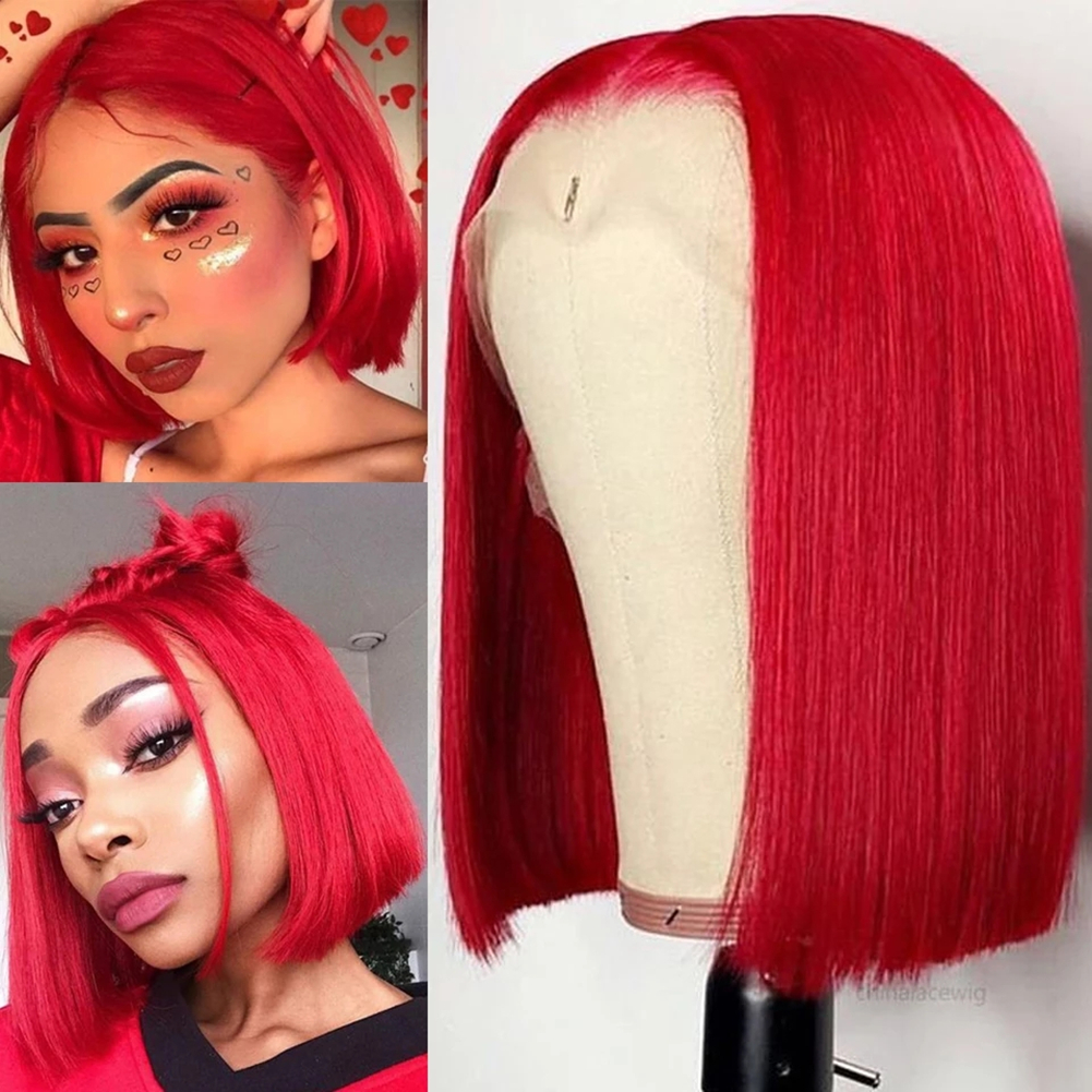 ♥️LEA HUMAN HAIR 12” RED  Middle part BOB WIG *NWT Women Dark Red Human Hair Lace Front Short Straight Bob Wig  main image 4