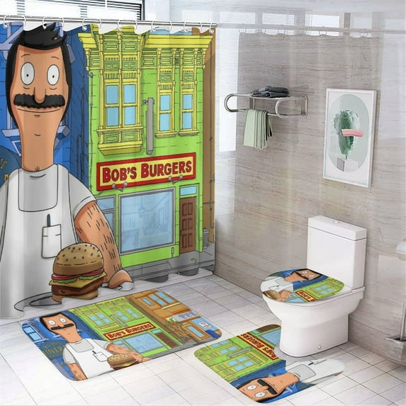 Bob's Burgers 4 Pcs Shower Curtain Set Bathroom Sets Shower Curtain with 12 Hooks Bathroom Decor with Rugs Bath Accessories with Mats Toilet Lid Cover