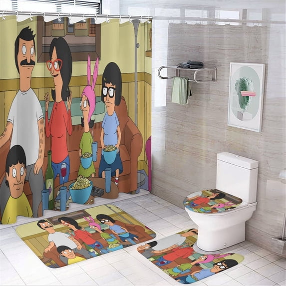 Bob's Burgers 4 Pcs Shower Curtain Set Bathroom Sets Shower Curtain with 12 Hooks Bathroom Decor with Rugs Bath Accessories with Mats Toilet Lid Cover