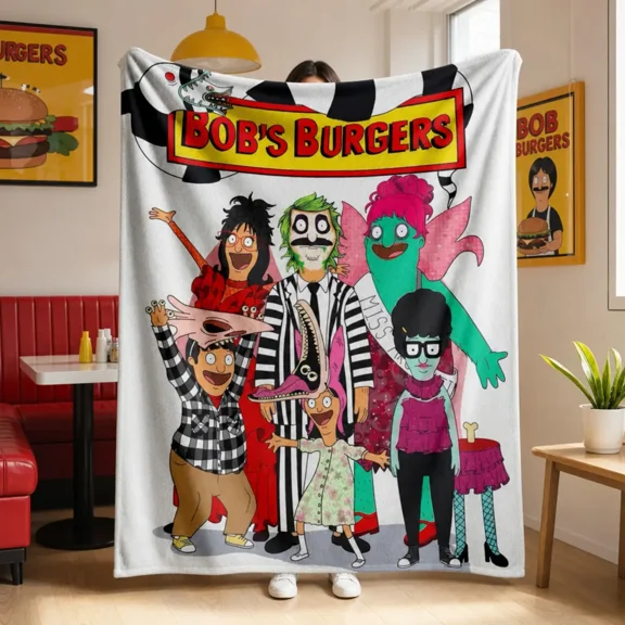 Bob's Burgers Beetlejuice Print Flannel Throw Blanket Belcher Family Horror Movie Print Soft Warm Halloween Cartoon Ghost Character Graphic Cozy Plush Blanket For Sofa Bedroom Halloween Gift Horror