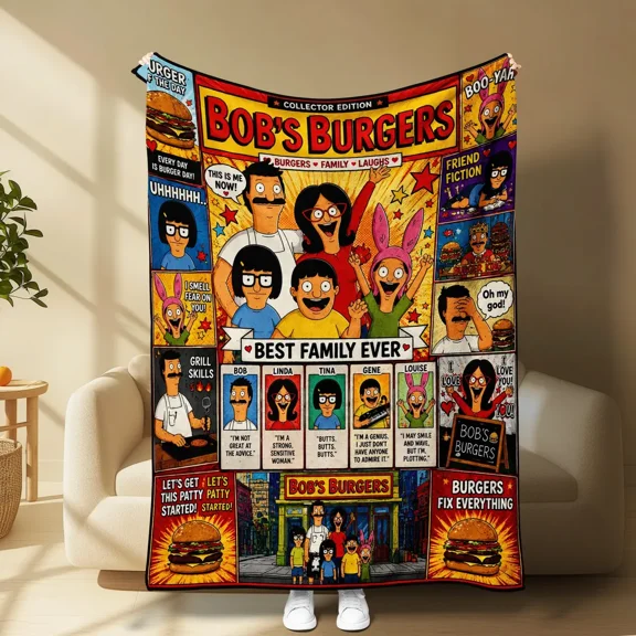 Bob's Burgers Blanket, Cartoon Family Throw Blanket, Collector Edition Flannel Fleece Blanket, Retro Anime Style Gift for Fans, Cozy Couch & Bedroom Decor, Cartoon Printed Blanket