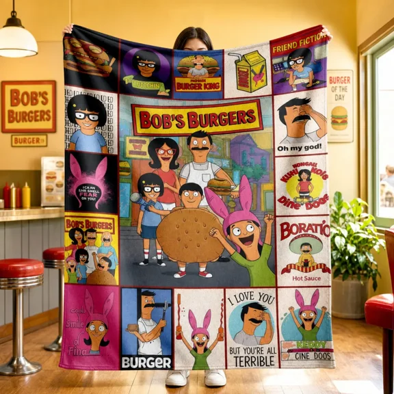 Bob's Burgers Flannel Blanket Cartoon Character Print Belcher Family Collage Bob Linda Tina Gene Louise Mashup Art Soft Warm Fuzzy Throw Blanket Wrinkle Resistant All Season Cozy Layer For Bedroom