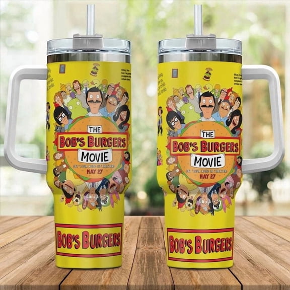 Bob's Burgers Movie 40oz Tumbler with Handle Yellow Cartoon Family Insulated Cup, The Bob's Burgers Stainless Steel Travel Mug, Fan Gift