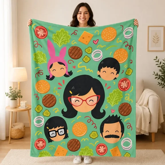 Bob’s Burgers Throw Blanket, Cute Cartoon Food Blanket, Funny Animated Family Fleece Blanket, Cozy Gift for TV Show Fans, Cozy Home Blankets