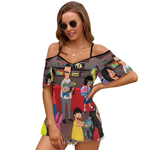 Bob's Burgers Women's Cold Shoulder Tops T Shirts Chiffon Summer Off Shoulder Dress Short Sleeve Shirt S