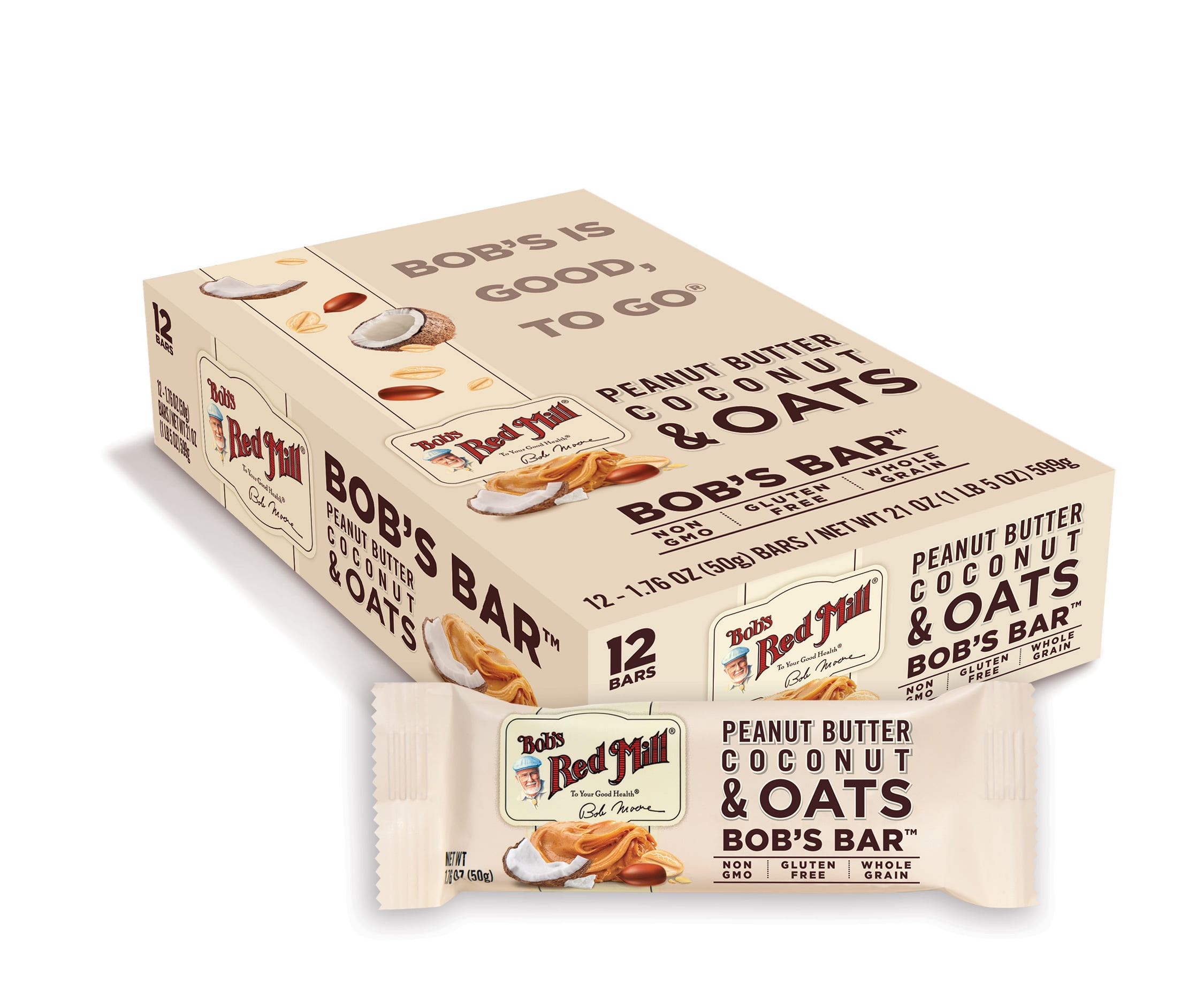Bob's Red Mill Bob's Bar, Peanut Butter, Coconut \u0026 Oats, 12 Bars, 1.76 oz (50 g) Each