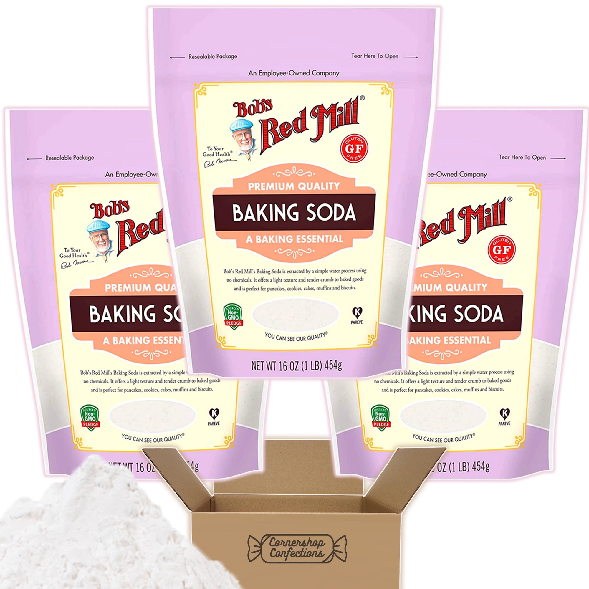 Bob's Red Mill Gluten-Free Premium Baking Soda 48 oz Bundle - 3 16oz Bags - Vegan, Paleo-Friendly, Non-GMO, Kosher - Baking Ingredient or For Natural Cleaning Products in Cornershop Confections Pack