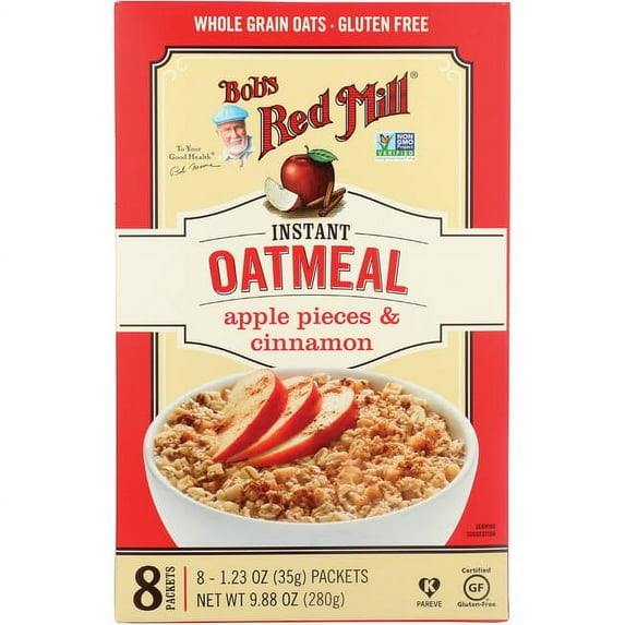 Bob's Red Mill Instant HHA1 Oatmeal Packets, Apple Pieces & Cinnamon, 8 Packets Total (1 Box/8 Packets per Box), Non-GMO, Gluten Free, 100% Whole Grain