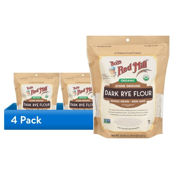(4 pack) Bob's Red Mill Organic Dark Rye Flour, 20 oz Bag - Whole Grain, High Protein & Fiber, Distinctive Rye Flavor
