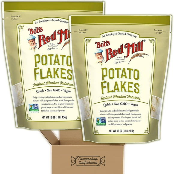 Bob's Red Mill Potato Flakes Instant Mashed Potatoes Bundle - 2 16 oz Bags - Non-GMO, GF, Vegan, Quick to Make - Bread Crumb Substitute, Shepherd's Pie Topping in Cornershop Confections Pack