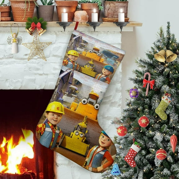 Bob the Builder-theme Christmas StockingsFine white linen for Stairs Fireplace Hanging Xmas Home Decor Christmas gift17.7"X12.6"(45cm32cm)