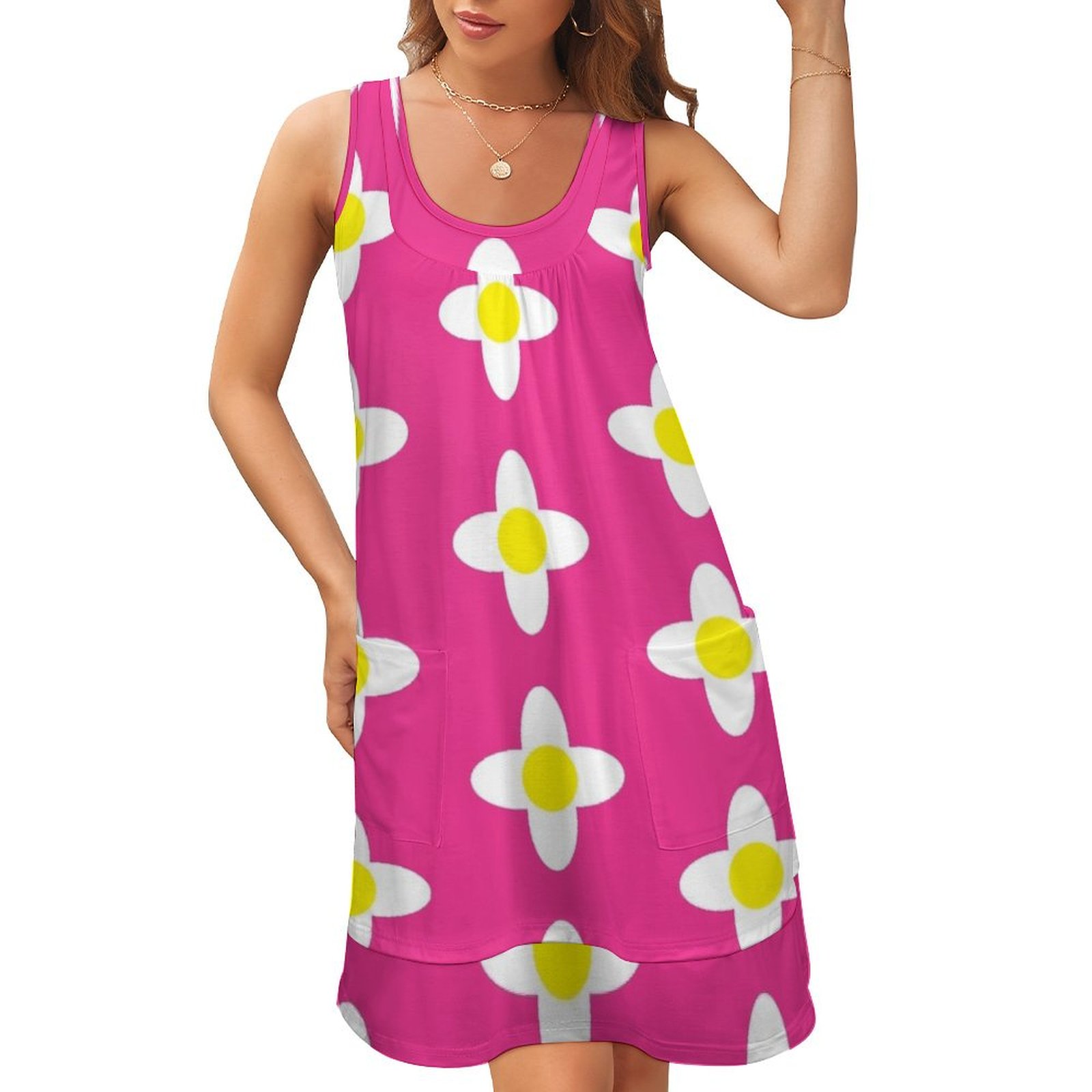 Bob the cat acnh pink sleeveless u neck fake two piece dress dresses