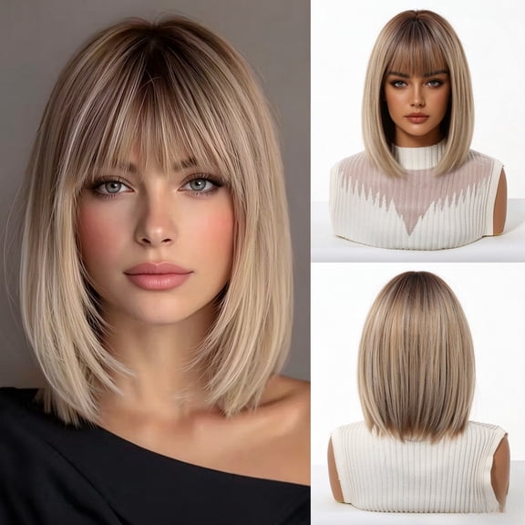 Bob wig with bangs, women's short bob wig | 12-inch short bob wig with bangs, straight synthetic wig, adjustable straps, suitable for everyday wear and parties.