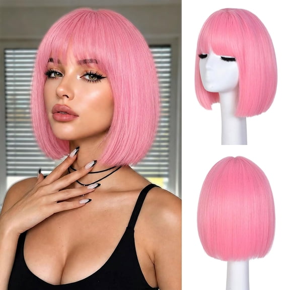Bob wig with bangs, women's short bob wig | 12-inch short bob wig with bangs, straight synthetic wig, adjustable straps, suitable for everyday wear and parties.