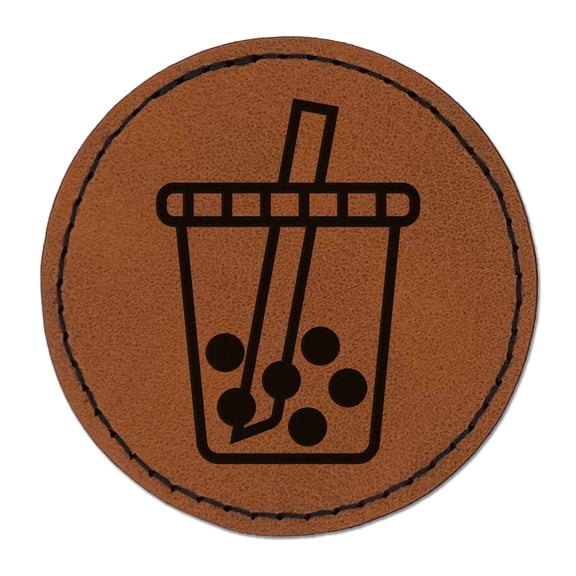 Boba Bubble Milk Tea 2.5" Faux Leather Round Engraved Iron-On Patch - Brown