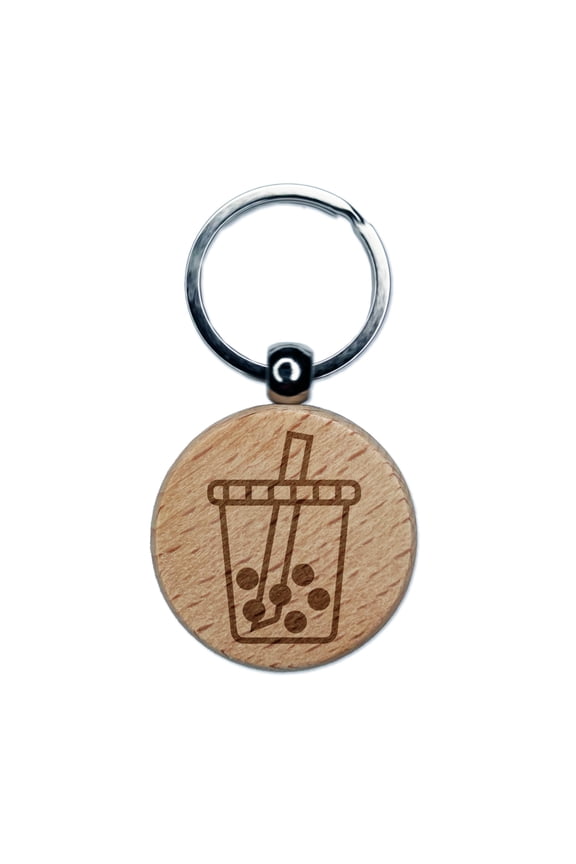 Boba Bubble Milk Tea Round Keychain Charm Tag - Engraved Wood
