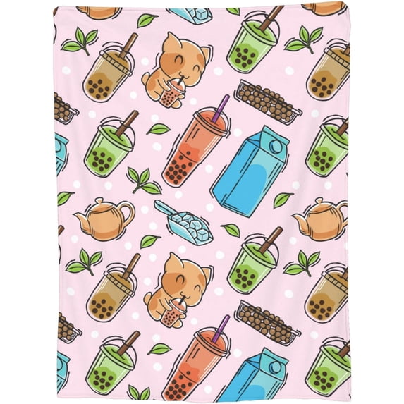 for Boba Bubble Tea Blanket Pink Kawaii Cartoon Ice Drinks Throw Blankets for Kids Lightweight Soft Fleece Cozy for Sofa Couch Bed Room Accessories Travel Decor 40x50in