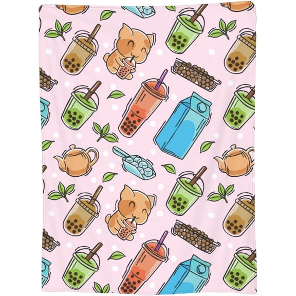 for Boba Bubble Tea Blanket Pink Kawaii Cartoon Ice Drinks Throw Blankets for Kids Lightweight Soft Fleece Cozy for Sofa Couch Bed Room Accessories Travel Decor 40x50in