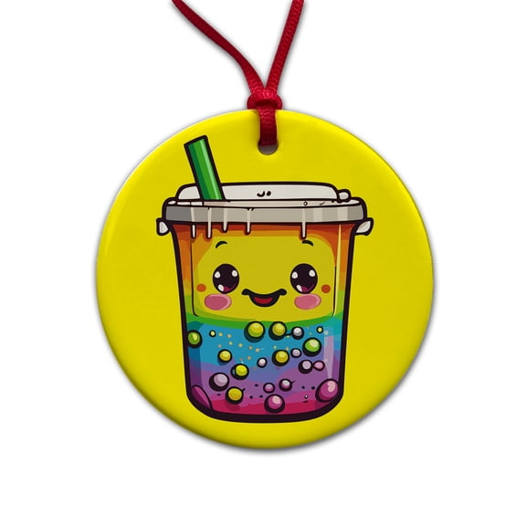 Boba Bubble Tea Rainbow Cute Christmas Tree Holiday Round Ceramic Ornament