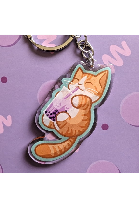 Boba Cat Keychain: Acrylic Glitter Epoxy Charm, 12 Designs