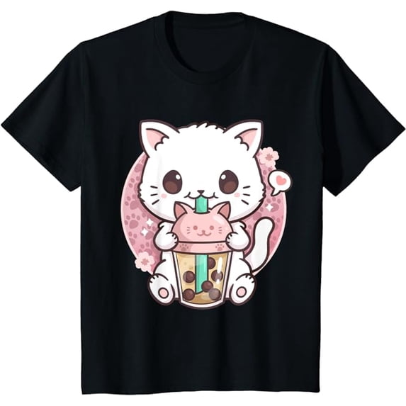 Boba Cat Tea Bubble Tea Anime Kawaii Neko Youth T-Shirt, Funny Gift For Boys Girls Kids Toddler Cats Lover, Black Color, Size XS