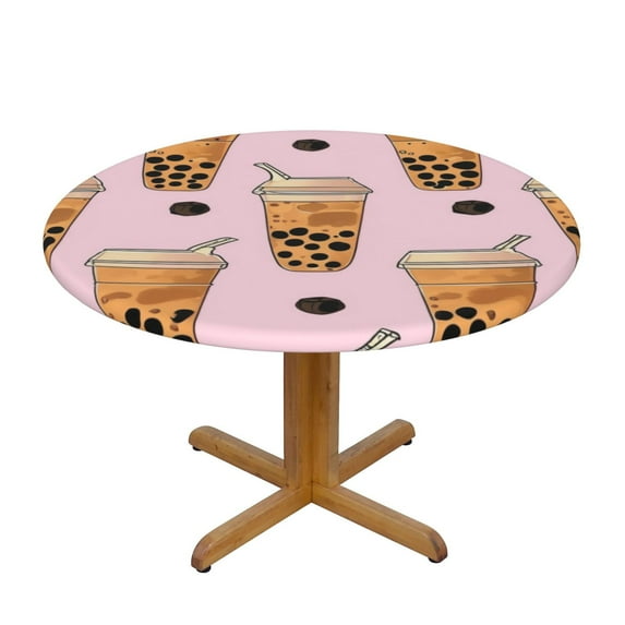 Boba Milk Tea (3) Round Fitted Tablecloths Table Covers Wipeable Waterproof Elastic for Kitchen Dinning Parties Wedding Picnic Medium Fits 45-50 Inch Table Size