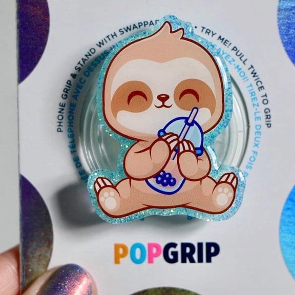 Boba Sloth Phone Grip: Blue Glitter Resin Grip