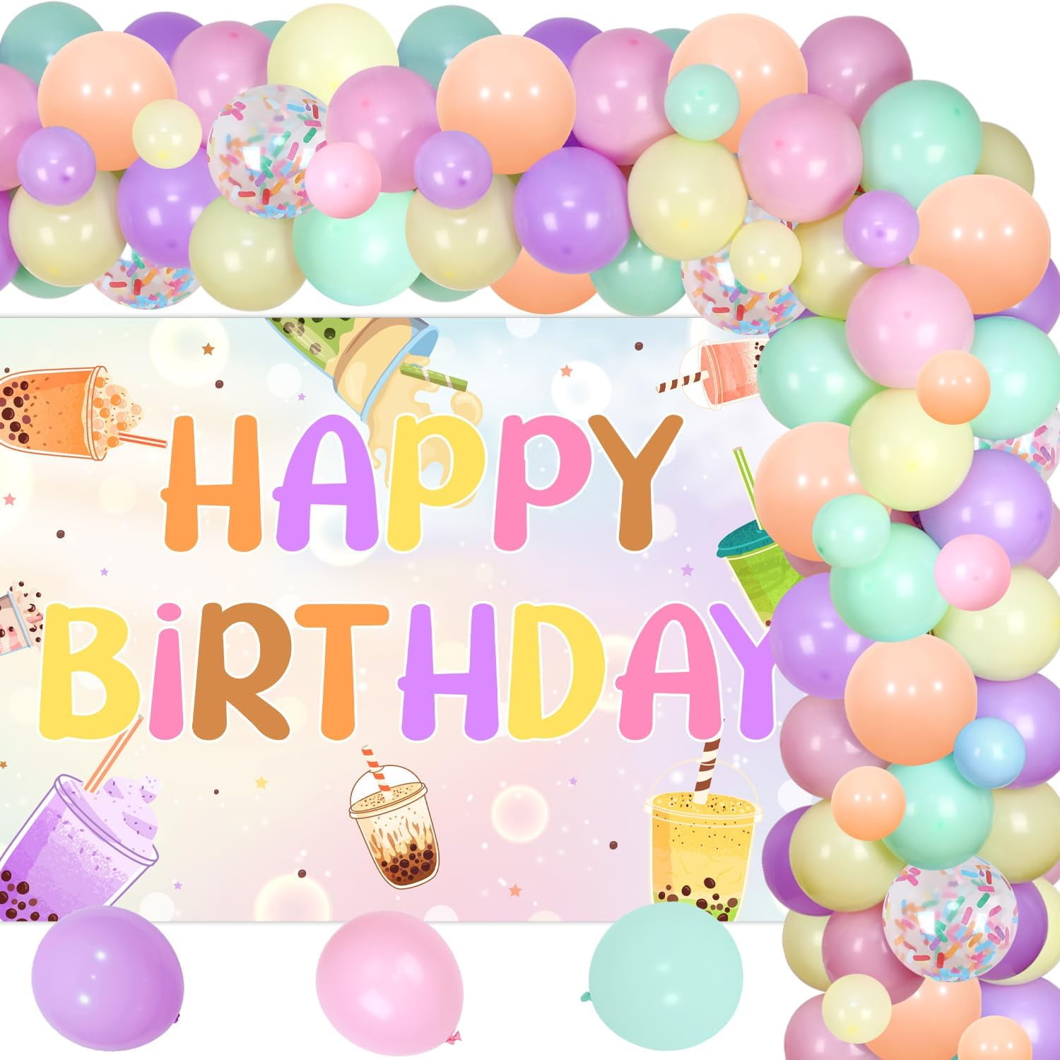 Boba Tea Birthday Party Decorations Milk Tea Happy Birthday Backdrop Macaron Rainbow Balloon Garland Arch Kit for Boys Girls Birthday Party Decor Supplies