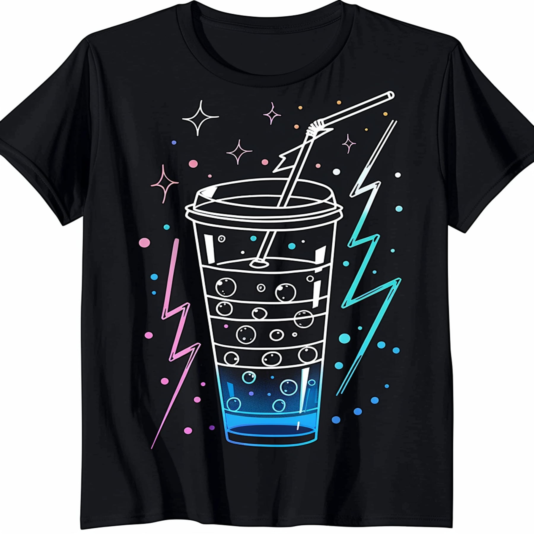 Boba Tea Lightning Bolts Vector Art Black TShirt Neon Outline Design