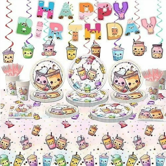Boba Tea Party Decorations,Bubble Tea Birthday Tableware Set Include Boba Tea Plate Napkins Cups Banner Tablecloth and Boba Tea Hanging Swirls for Boba Birthday Party Decorations