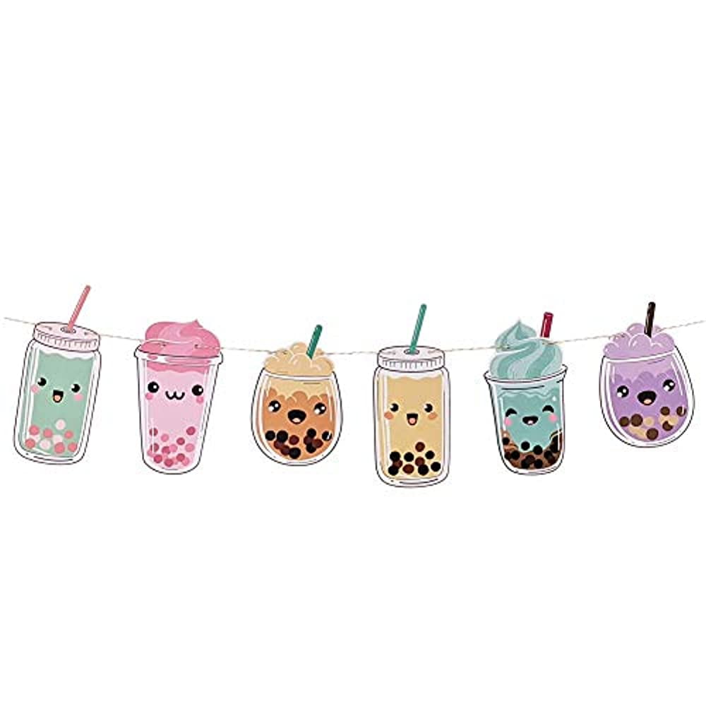 CHLOE ELIZABETH Boba Tea Party Paper Banner Garland Streamer for All Events 10 Feet Long Emoji Theme