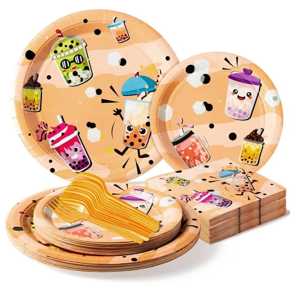 Boba Tea Party Tableware for 24 Guests, Disposable Tableware for Wedding Party,Muticolor