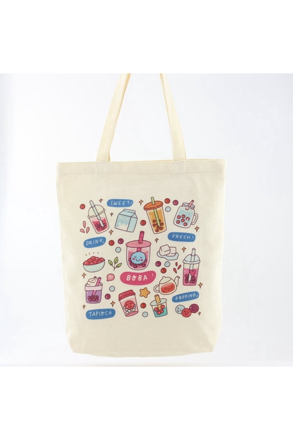 Cream Boba Bubble Tea Graphic Printed Canvas Tote Handbag - Large