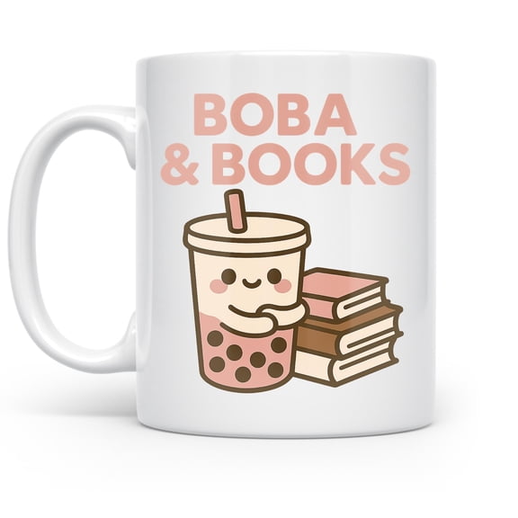 Boba and Books 11 oz Coffee Mug - Kawaii Bubble Tea for Book Lovers White Ceramic Gift