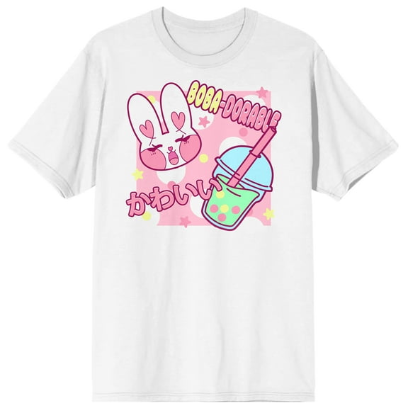 Bobadorable Kawaii Bunny Drinking Boba Tea Unisex Adult White Graphic Tee - 5XL