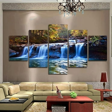 Bobasndm Art Peaceful Waterfall Canvas Prints Wall Art Green Trees Pictures Paintings for Living Room Home Decorations Modern 5 Pcs Stretched and Framed Forest Landscape Giclee Artwork