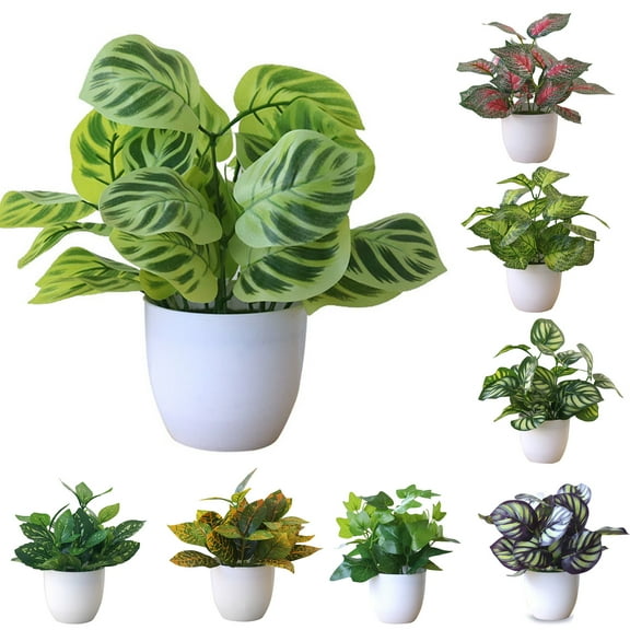Bobasndm Artificial Potted Plants, Artificial Green Leaves with Natural Stone and Cement Pot, Fake Plants for Indoor and Room Decoration
