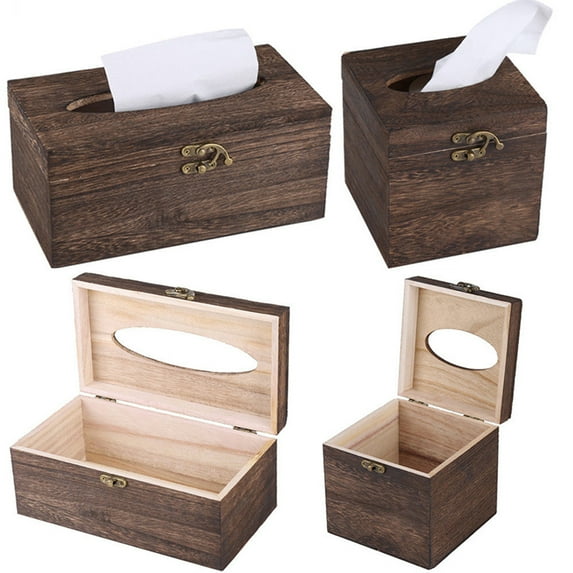 Bobasndm Brown and Torched Wood Tissue Box Holder Cover with Easy Refillable Open Top Lid, Handmade Wooden Rectangular Tissue Box with Natural Wood Grain Texture